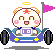 A 4x3 contact sheet of a pixel-art animated icon featuring a cartoon hamster driving a blue race car with pink flag, showing frame-by-frame expression changes from smiling to neutral.