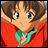 A 48x48 pixel buddy icon featuring a close-up of an anime-style character with brown hair and blue eyes, wearing a red shirt and green scarf, next to stylized text on a black background.