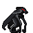 Pixelated figure with dark gray and black tones, red eyes, long flowing hair, bent posture holding a curved object against light gray background.
