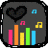 Six identical dark gray rounded square icons with black heart outline and colorful music notes above bar graphs.