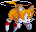 Pixelated character with orange hair and white face, brown arms, red knee pads, gray shoes on black background.