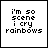 A 4x4 contact sheet of animated frames showing a pixelated text-based icon with the phrase "im so scene i cry rainbows" and varying rainbow-colored lettering across each frame.