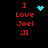 Red text 'I Love Joel ;]]' on black background with cyan pixel art symbols changing across frames.