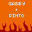 Pixelated orange background with white text 'GABBY + PINTO' repeated twice above red pixel flames at the bottom.