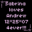 Pixelated text displays 'Sabrina loves Andrew ×07 4ever!!!' with star and dot accents on a black background