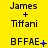 Yellow background with black text reading "James + Tiffani" and blue symbols above "BFFAE" in a of three