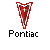 Pixelated red and white triangular shape with white border above black text reading Pontiac on gray background.