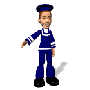 Animated sailor character in blue uniform with white trim, performing multiple gestures against gray background.