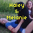 Two people in blue and white clothing pose on grass with yellow text overlays reading 'Haley & Melanie', 'BestFriends', and 'FOREVER'.