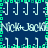 Animated icon with repeating white musical notes on dark blue background, bordered by green square patterns and scrolling text reading "Nick+Jock".