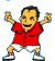 Pixelated character in red shirt and white shorts with arms raised, shown in two sequential poses against gray background.