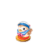 A cartoon bird in a sailor hat stands on a red button, displaying multiple expressions and actions including waving, smiling, blushing, and emitting smoke.