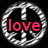A silver peace sign icon with red text overlays; 'love' appears on the left, 'bugg' on the right, and no text below.
