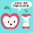 Pixelated apple and core characters with speech bubbles on a cyan background, showing animation changes in bubble text.