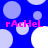 Blue background with light purple and white circles; pink text 'rAcHeL' repeated four times in pixelated font.