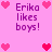 Pixelated pink background with purple text 'Eriko likes boys!' and multiple heart symbols in varying shades of pink.