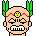Pixelated character head with green spiky hair, red zigzag forehead band, yellow circular mark on forehead, and white teeth; expression changes from closed eyes to open mouth across frames.