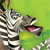 A pixelated zebra with black and white stripes stands against a green background, mouth open showing pink tongue and teeth, eyes wide with blue and brown pupils.