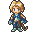 Pixel art character with blonde hair and blue eyes in a blue outfit, shown across with hand gestures changing from open to holding small objects