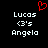 Black background with white pixelated text reading 'Lucas', '3's', and 'Angelo' in three lines, and a red pixelated heart symbol above the text.