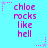 Pixelated text 'chloe rocks like hell' in purple on cyan background with pink and light blue star accents.