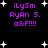 Pixelated purple text on black background with white stars, showing 'iLySm RyAn S. o&F!!!!' in four identical quadrants.