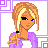 Pixel art contact sheet showing a blonde female character in various poses with purple and white clothing against a geometric background, including full-body view, torso close-up, and partial limbs.