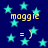 Dark blue background with scattered cyan stars, yellow text 'moggie' and '= )' symbols repeated across the image.