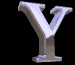 A silver 3D letter Y with blue highlights on a black background, displayed in multiple sizes and angles across three