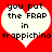 Red background with two white heart shapes containing black pixelated text reading "you put the FRAP in frappichino".