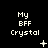 Pixelated text 'My BFF Crystal' appears above a changing symbol on black background, with white and gray dots forming animation sequences.