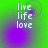 Green background with purple circular gradients and white text reading live life love arranged vertically in four quadrants.