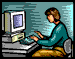 A person in a teal sweater and brown pants sits at a desk with a beige computer, typing on the keyboard while facing the monitor.