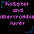 Pixelated text displays 'hollister and abercrombie' with blue star accents on a black background, repeated in three horizontal