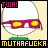 Pixelated cartoon head with white face, pink sunglasses, green base, and text overlays in yellow and pink.