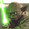 Pixelated static image of a green-skinned character holding a glowing green lightsaber against a gray background.