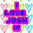 Pixelated graphic with blue text on pink blocks reading "I LOVE JOSH" surrounded by multicolored heart outlines.