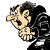 Pixelated cartoon character with exaggerated features on left, green text logo on right against white background.