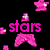 Pixelated pink text and star shapes on a black background, with animated sparkles and shifting text positions.