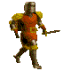 Pixelated knight in red and yellow armor holding a sword, shown in four walking poses across three on gray background