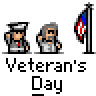 Animated contact sheet of pixel art veterans day icons showing soldiers and civilians with changing speech bubbles over gray background.