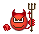 Red devil icon with horns and pitchfork in various poses including fist, thumbs-up, open mouth, and neutral expression on gray background.