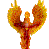 A pixelated, stylized figure with outstretched arms and a central vertical form rendered in warm orange, red, and yellow tones against a solid gray background.