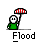 Pixelated character in green shirt holding red-and-white striped umbrella with blue water waves forming and receding around them on gray background.