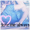 A pixelated image shows a person in a blue dress with a pink heart outline and the text 'love me always' at the bottom.