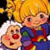 Two cartoon-style figures with exaggerated features: one with white hair and red nose, the other with blonde hair and blue clothing, positioned side-by-side against a dark background.