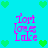 Pixelated cyan background with four identical pink text blocks reading 'Tori loves Lake' surrounded by green heart shapes.