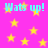 Bright pink background with scattered yellow stars and repeated cyan text reading "Wats up!" in pixelated font.