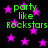 Green text reads 'party like Rockstars' over a black background with pink stars, repeated in two . The image is static and contains no motion or animation changes