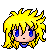 Pixel art character with spiky yellow hair and blue eyes, shown in multiple expressions across a